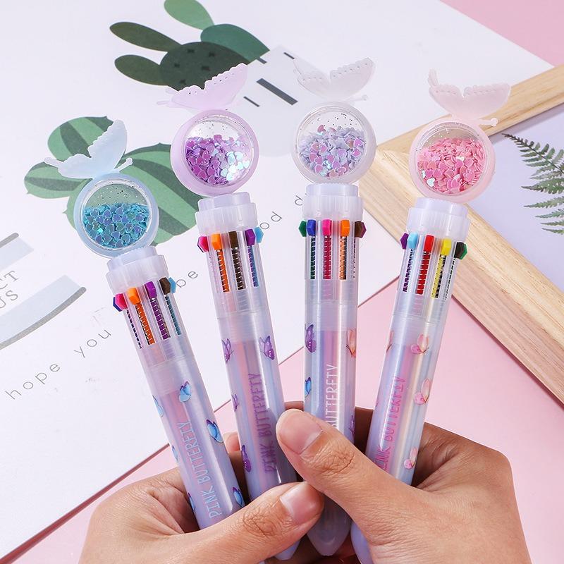 1Pc Colors Korean Ins Cute Butterfly Ballpoint Pen Student Stationery Sequins Rollerball Pen Multi-functional Office Pen Gift Back To School Season