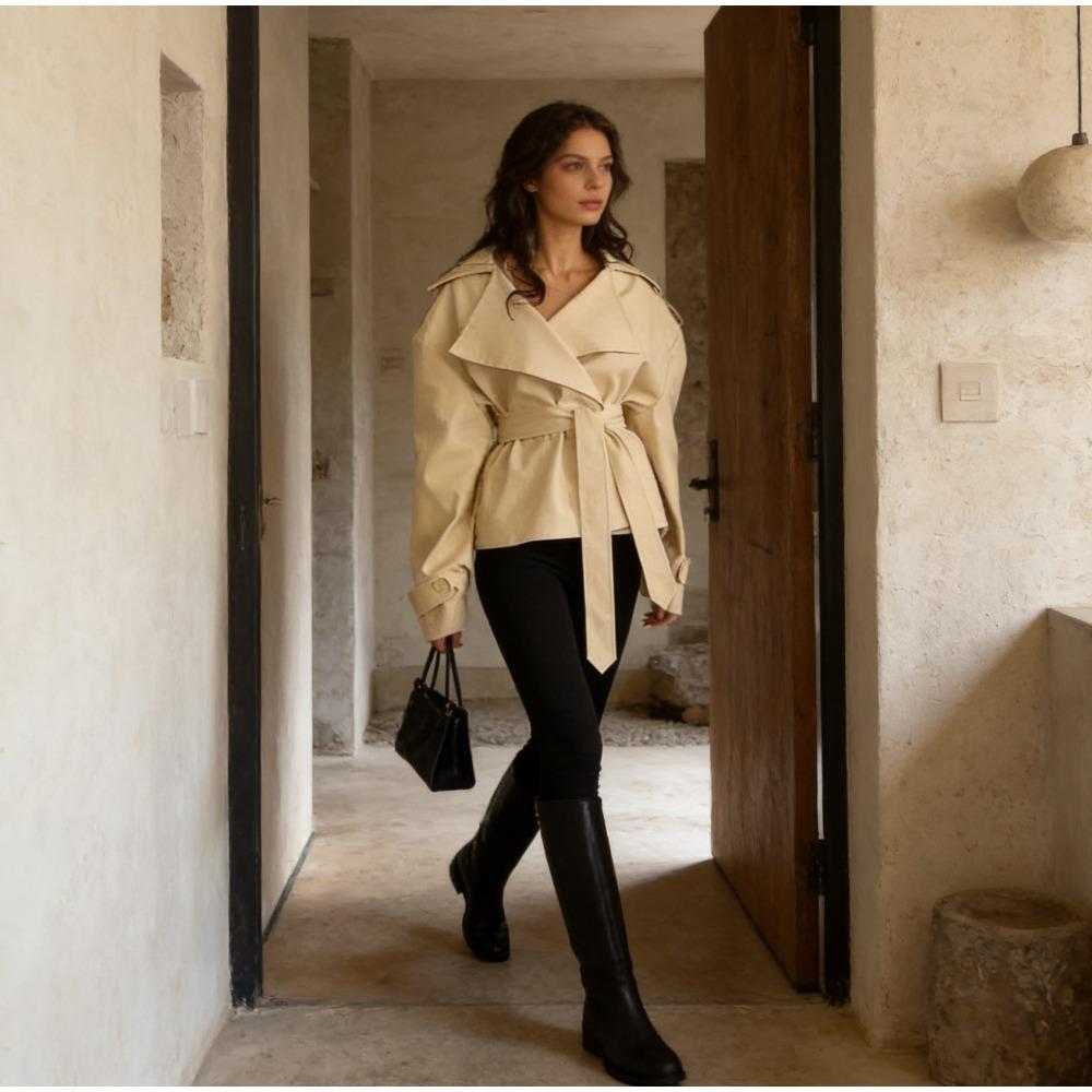 Women's Lapel Long Sleeve Belted Short Trench Coat Casual Solid Color Waist Tie Outerwear for Spring Autumn