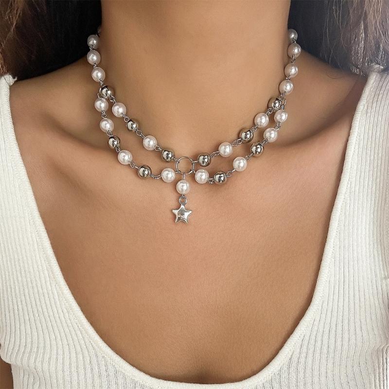 Fashionable Multilayer Star Charm Collar Necklace Adjustable Length Imitation Pearls Clavicle Chain Alloy Jewelry Gift