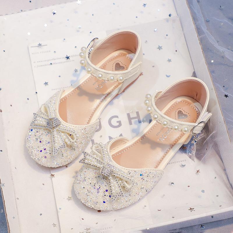 

Girls Dance Shoes Wedding Soft Sole Kids Princess Shoes Shiny Sequins 2025 Summer New Children Half Sandals Sweet Ins Non-slip 23 бежевий