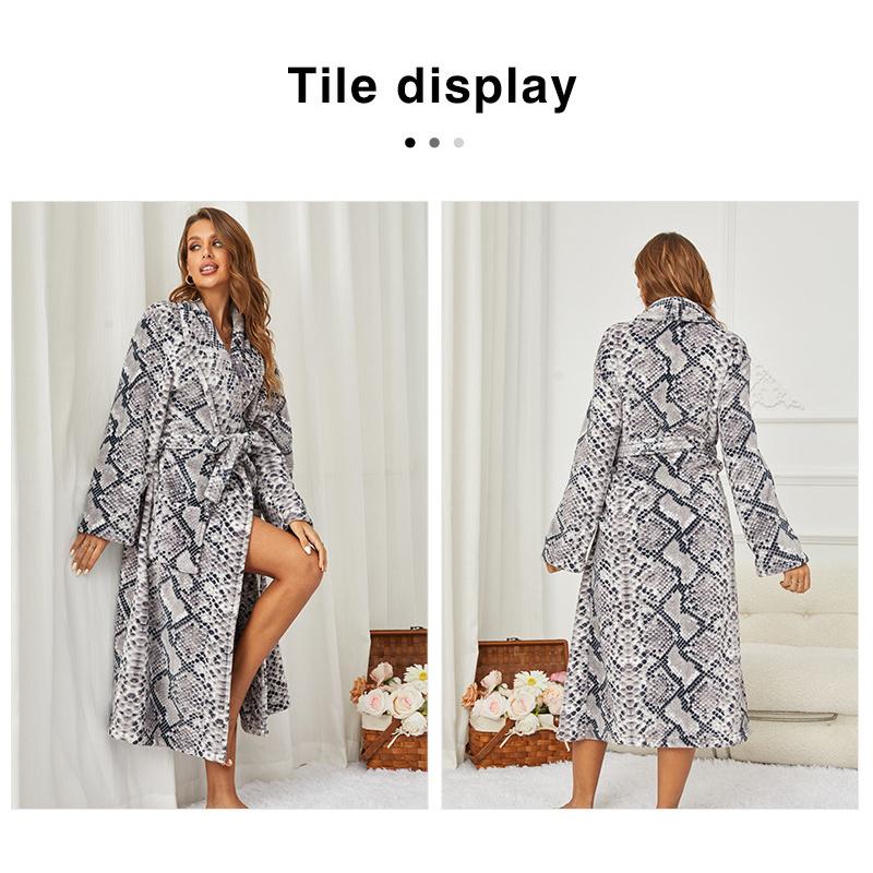 Autumn Winter Lapel Extended Printed Bathrobe Pajamas Nightgown Casual Flannel Nightgown Womens Wear Clothing