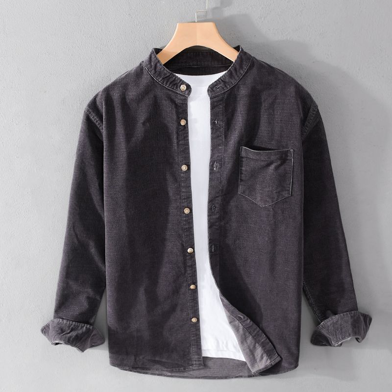 Men's Corduroy Long-sleeved Shirt Spring and Autumn Retro Loose Casual Shirt Jacket Without Collar