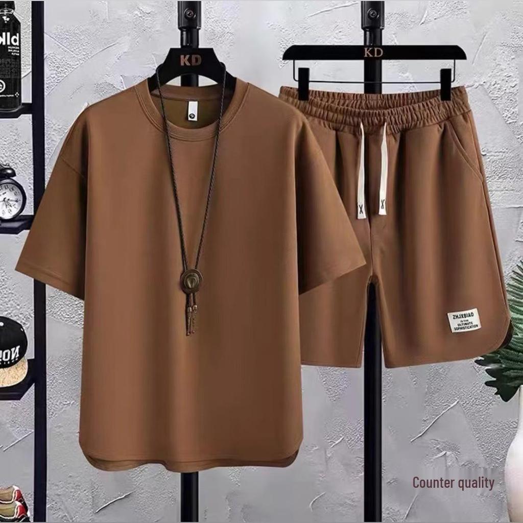 2025 Summer Japanese Trend Men's Solid Color Matching T-shirt & Long Pants Set