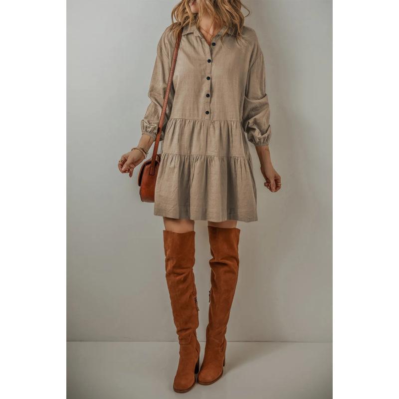 Women's Solid Color Long Sleeve Lapel Button Loose Short Dress