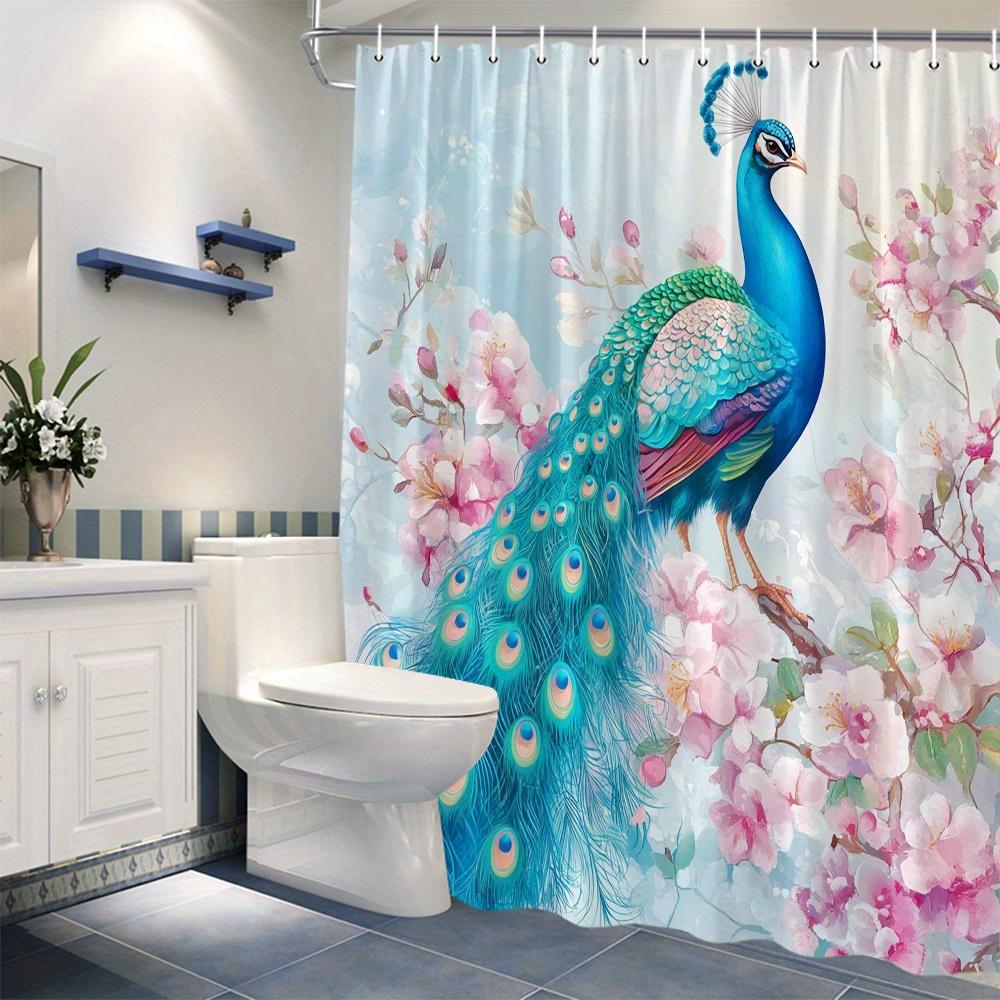 1pc Iridescent Peacock & Cherry Blossom Shower Curtain - Watercolor Style, Vibrant Blue Peacock with Pink Pastel Flowers