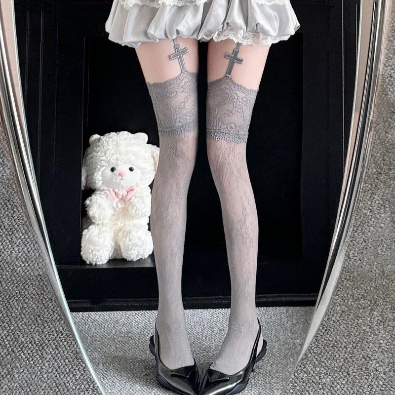 Schwarz Weiße Strümpfe mit Spitzenmuster und Kreuzdesign Ultra-dünne Hohle Lange Strumpfhose Netzstrümpfe Strumpfhose Sexy Party