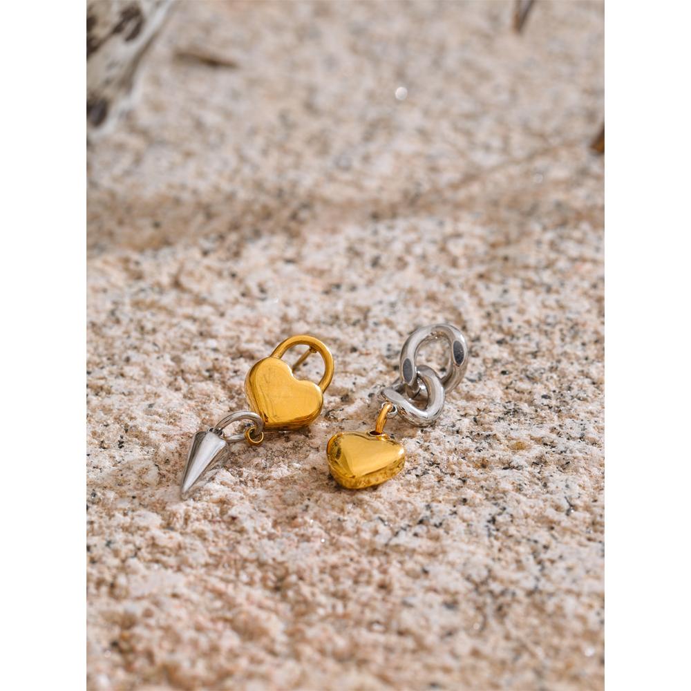 Eetit Charm Stylish Asymmetrical Heart Lock Chain Drop Dangle Earrings Punk Stainless Steel Trendy Jewelry Wholesale for Women
