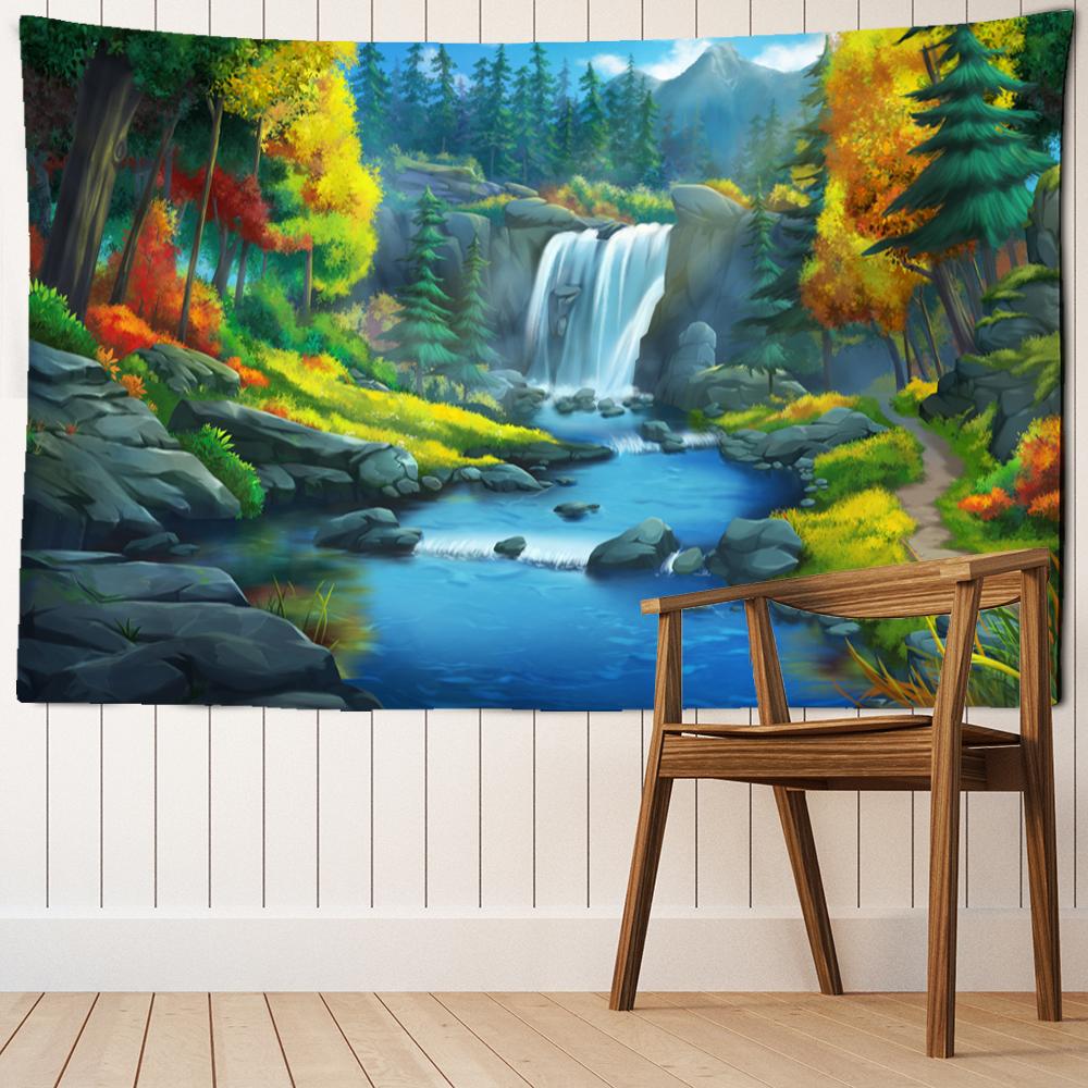 Wasserfall-Illustration Wandteppich Hängen Boho Psychedelic Natur Landschaft Kunst Hippie Home Decor Hintergrund Stoff
