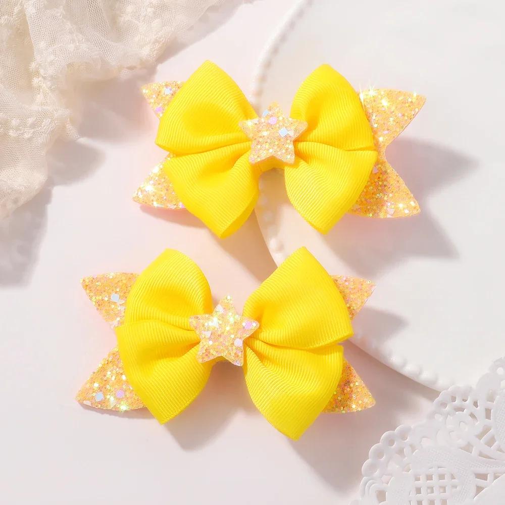 LOVEKIKI 2Pcs 4.33inch Star Glitter Bow Hair Clips for Girls Boutique Ribbon Dovetail Barrette Headwear Child Hair Accessories