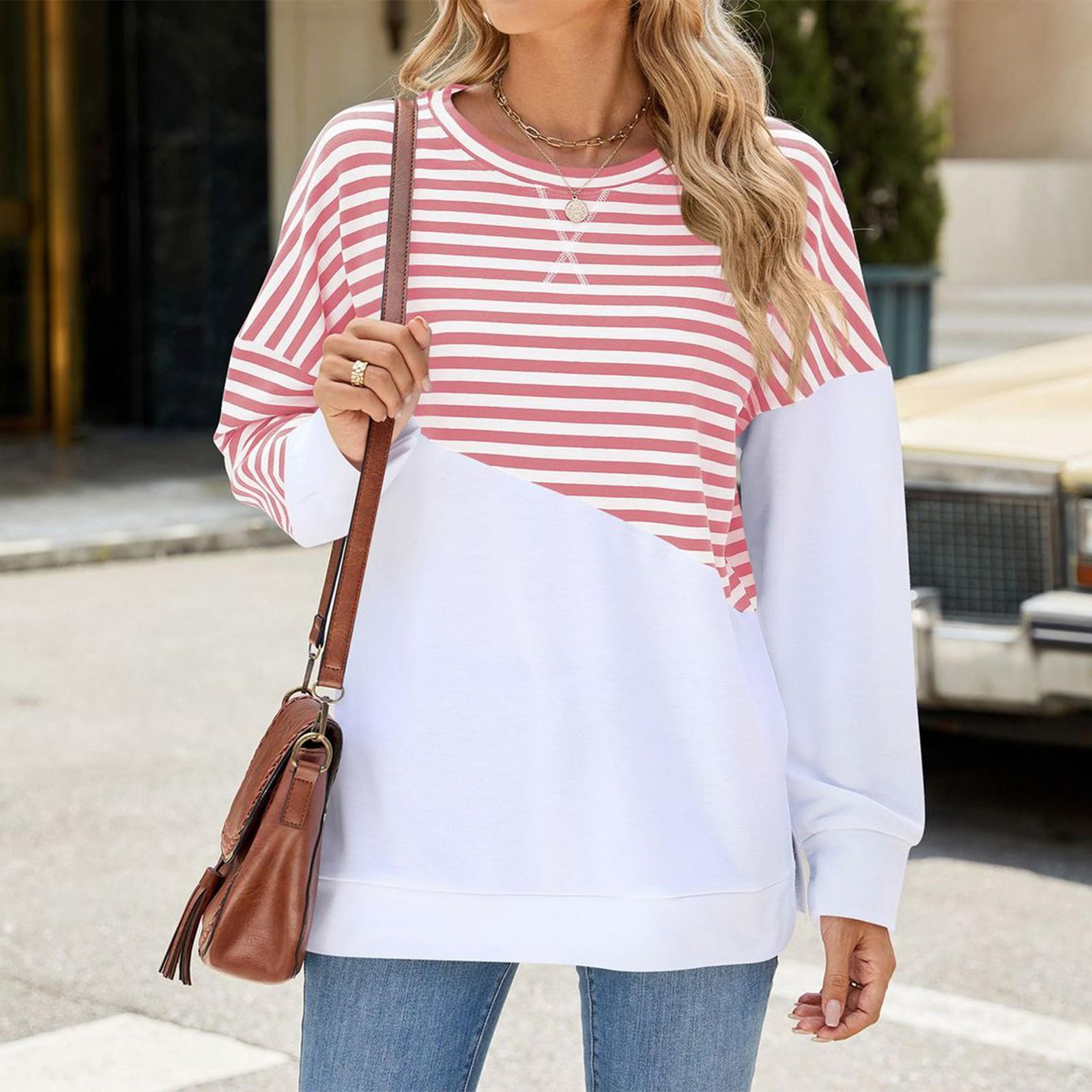 

Женский модный пуловер свитер с круглым вырезом, цветными блоками, полосками и длинными рукавами XXL розовый