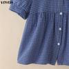 VONDA Women Doll Collar Puff Sleeve Button Up Plaid Blouse Tops