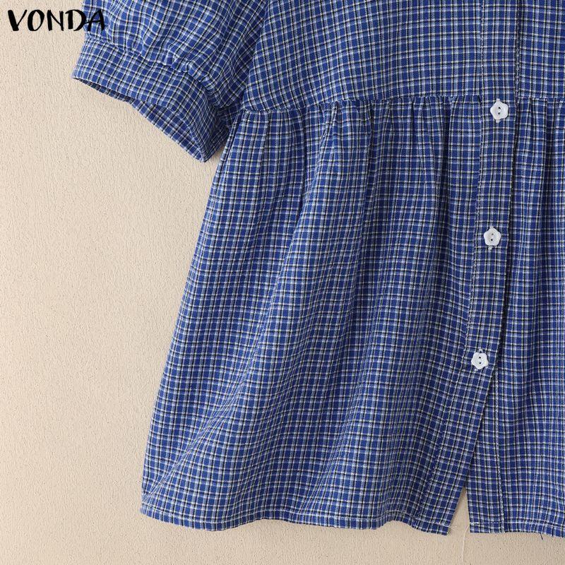 VONDA Women Doll Collar Puff Sleeve Button Up Plaid Blouse Tops