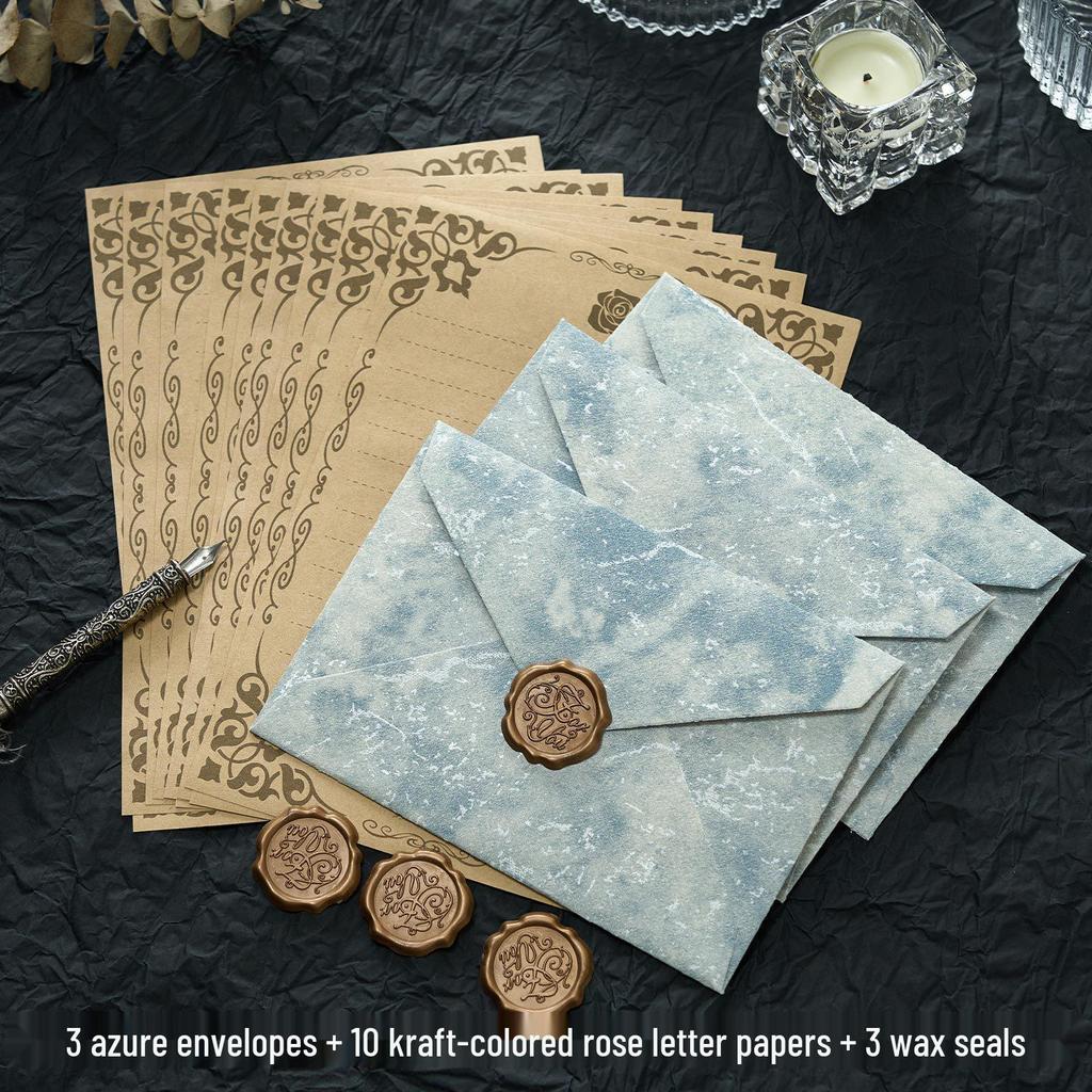 Gilded Envelope & Letter Paper Set - Embossed Texture, Straits Style, Handwritten Love Letters with Wax Seal for Valentine's Day