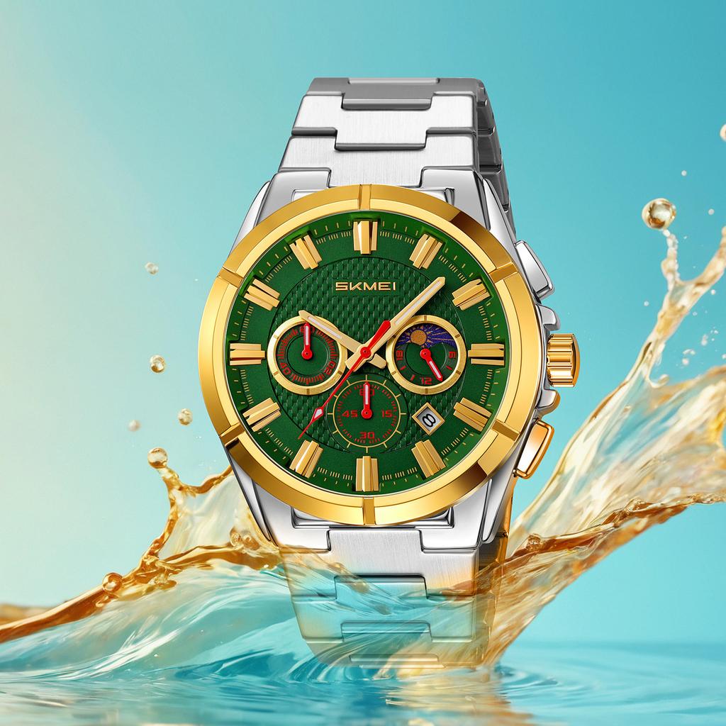 Skmei Fashion Multifunctional Quartz Watch for Men Calendar Luminous Luxury Stainless Steel Strap Mens Watches