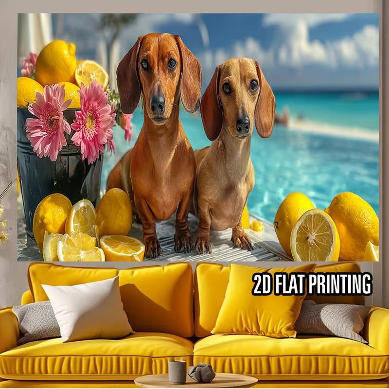 2D Summer Dachshund Dogs Themed Backdrop with Beach, Lemons & Flowers 47.2x31.5inch/120*80cm