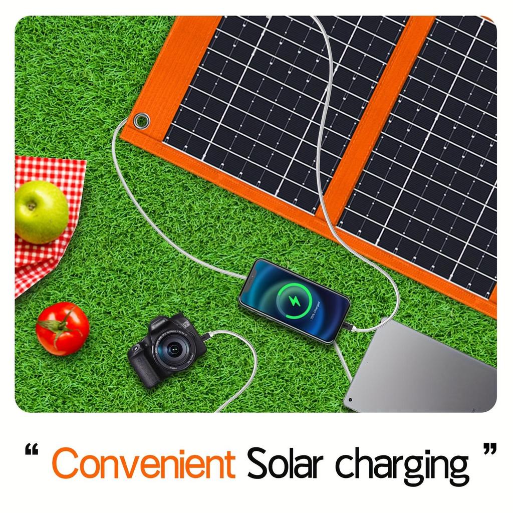 Foldable solar panel chargers, suitable for mobile phones, power banks, and tablets. Ideal for camping, hiking, and backpacking