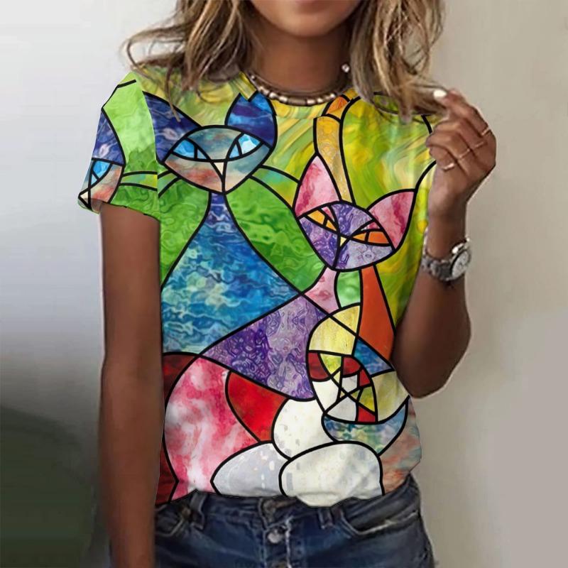 Summer Round Neck 3D Creative Cat Print Top Fashionable Casual Short Sleeved Women's T-shirts