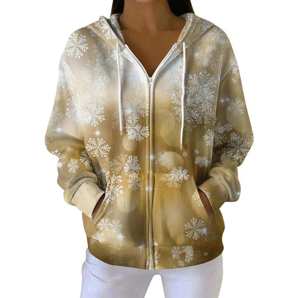 Dámská ležérní módní pletená mikina s kapucí na zip s dlouhým rukávem a vánočním potiskem