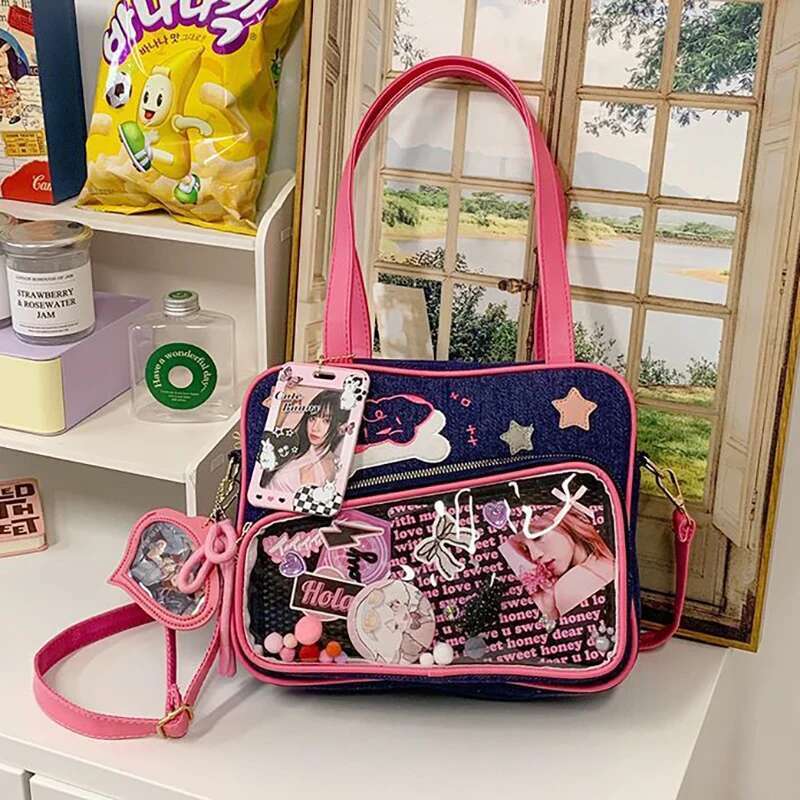 Y2K Cute Denim Ita Bag Girl Transparent Messenger Bag Women Fashion Shoulder Crossbody Bag Lady DIY Badge Totebag Lolita Handbag