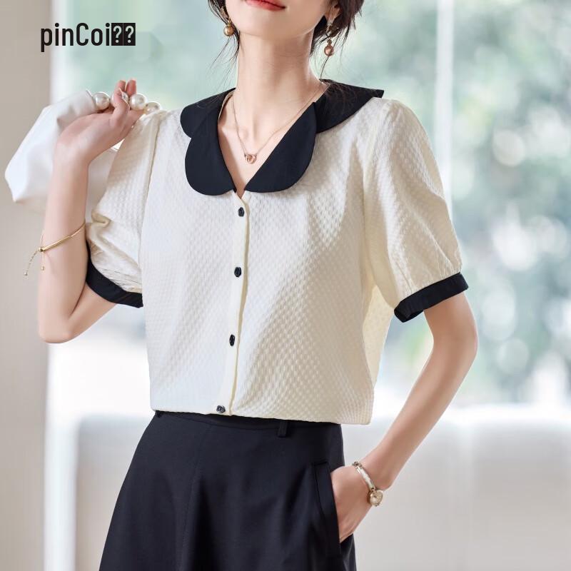 Women s Contrast Doll Collar Waffle Chiffon Short Sleeve Blouse L