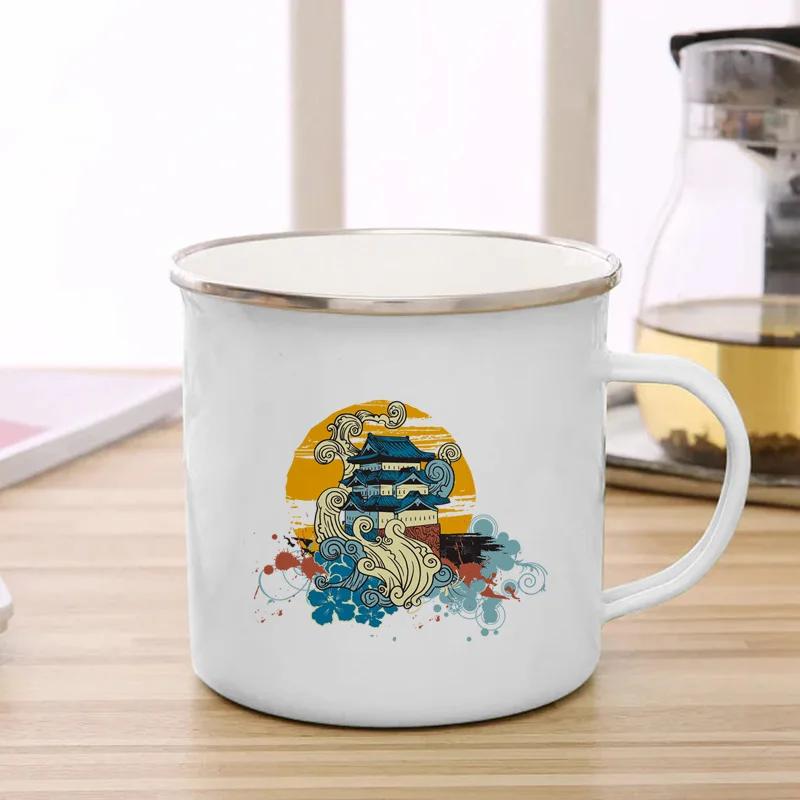 

Японский принт в стиле укиё-э, эмалированная кружка, кружки, креативная кофейная чашка, чашки для напитков, воды, молока, школьная, домашняя, гостиничная, с ручкой, посуда для напитков, подарки 360ml