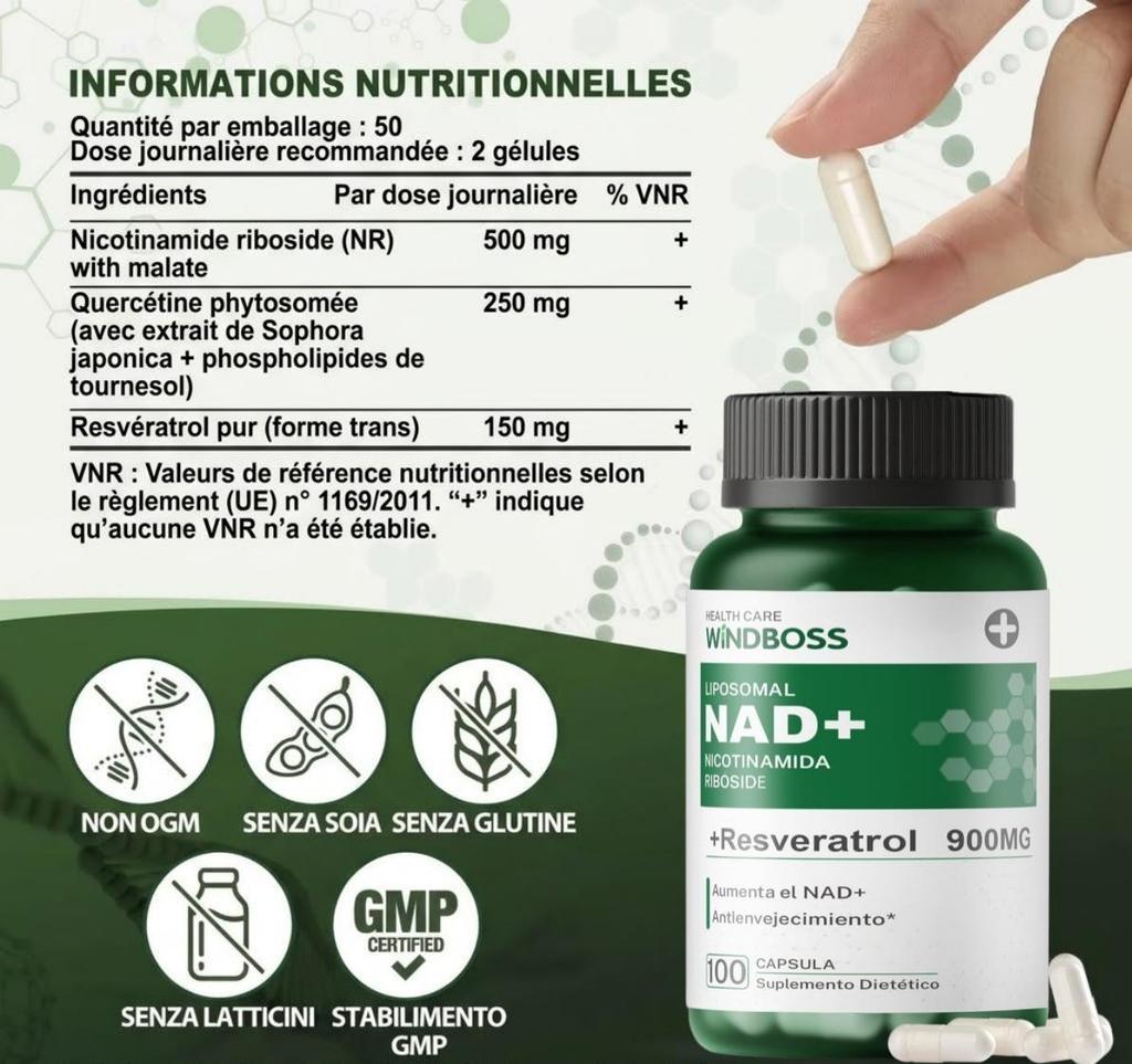 Accélérateur NAD+ Liposomal Windboss: NR à absorption rapide (900mg) avec NMN, Trans-Resvératrol et Quercétine pour une Performance Mentale Optimale