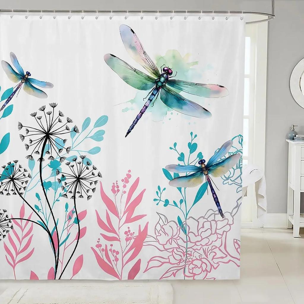 Dragonfly Watercolour Shower Curtain Dandelion Lavender Flower Polyester Fabric Home Art Bath Curtains Bathroom Decor with Hooks