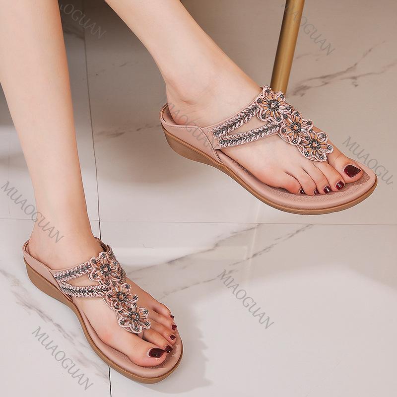 Summer Women Wedge Bottom Gladiator Sandals Fashion Bohemia Crystal Casual Beach Vacation Shoes Outdoor Comfort Flip Flop