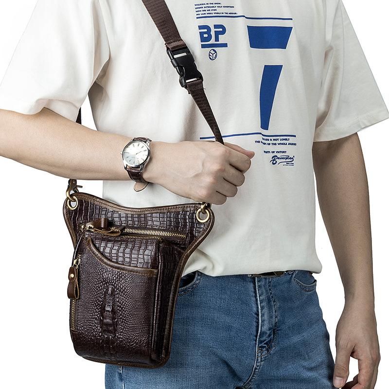Top-grain Genuine Leather Men's Motorcycle Leg Bag Retro Crocodile Print Genuine Leather Motorcycle Riding Waist Bag