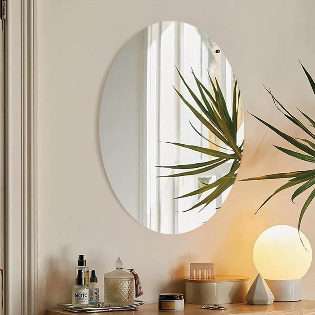 Oval Wall Mirror Non Glass 2Pcs Oval Vanity Mirror Self Adhesive Acrylic Mirror Wall Sticker Flexible Frameless Plastic Mirror Home Decorative Wall