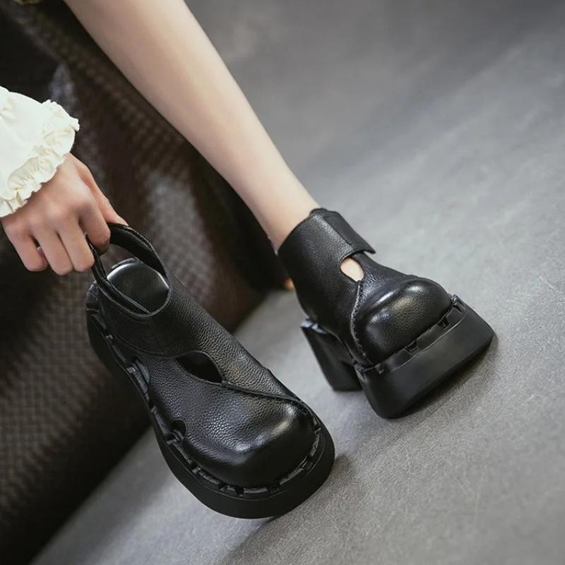 Johnature Echte Leder Höhe Steigernde Dicke Sohle Sandalen Runde Zehen Damen Plateau Schuhe