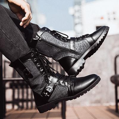 Retro Orta Baldır Punk Botlar 2024 Kış Erkekler Artı Kadife Motosiklet Botları Her Şeyle Uyumlu İşçi Ayakkabıları Denim Orta Yükseklikte Askeri Botlar Erkek