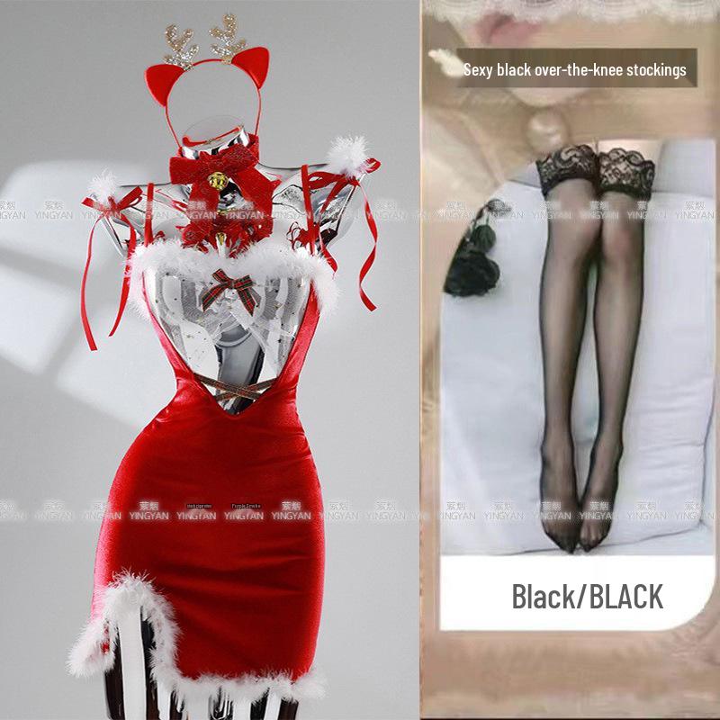 Seductive Red Christmas Lingerie Set - Sheer, Tight-Fit, Teasing Role Play Costume 0936