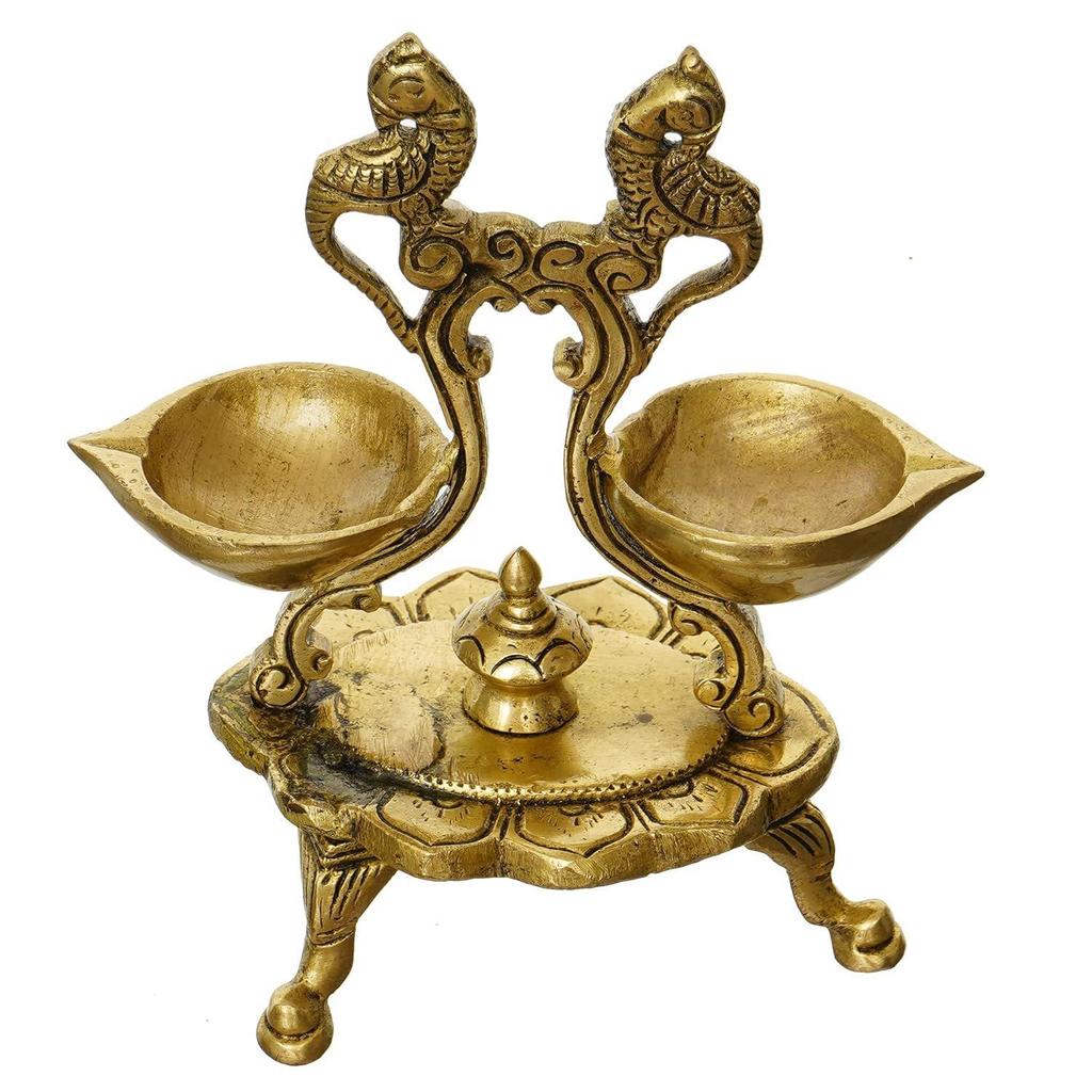 Parrot Design Antique Finish Decorative Handcrafted Brass Diya with Stand, Gold, One Size