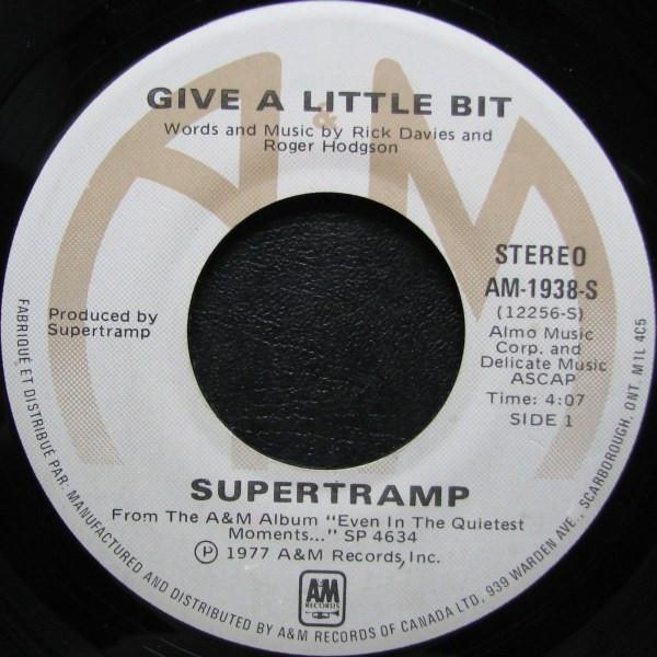 

7inch Record SUPERTRAMP - Give A Little Bit AM1938S A&M Records 1977 Canada Rock Used