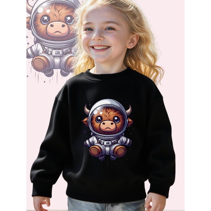 Kids Crewneck Sweatshirt, Cartoon Space Cow Graphic Print,Soft Casual Long Sleeve Pullover