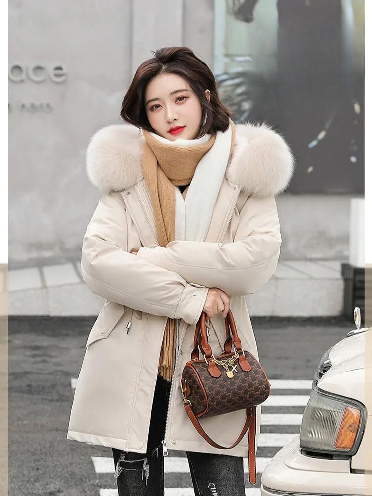 Women Parka Fashion Long Coat Wool Liner Hooded Parkas 2024 New Winter Jacket Slim with Fur Collar Warm Snow Wear Padded Clothes