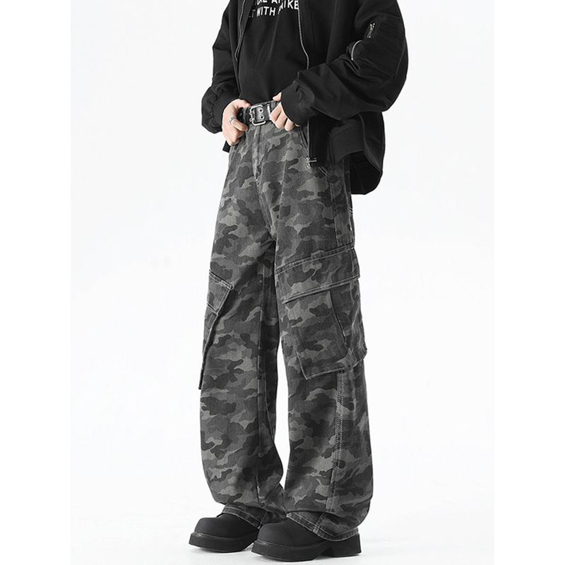 51 Hip-hop Fashion Brand Multi-pockets Camouflage Jeans Men's Vintage Loose Wide Leg Trousers Straight Cargo Pants