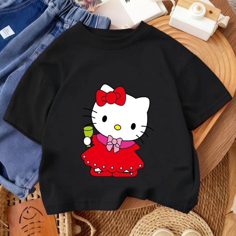 Summer Cute Casual Round Neck Top Street Style Children's Hello Kitty Cartoon Fashion T-Shirt