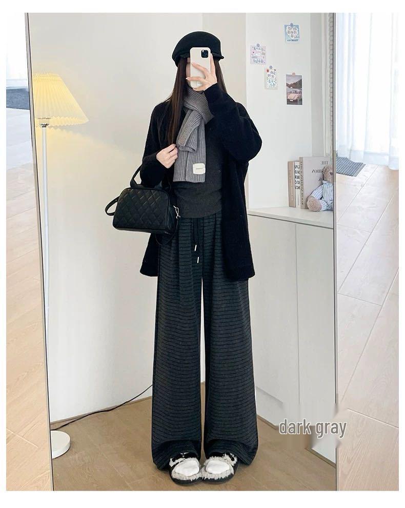 Women's 2025 Striped Terry Pants - Autumn/Winter Casual Lazy Stroll, Narrow Straight Leg, Wide Leg Trousers.