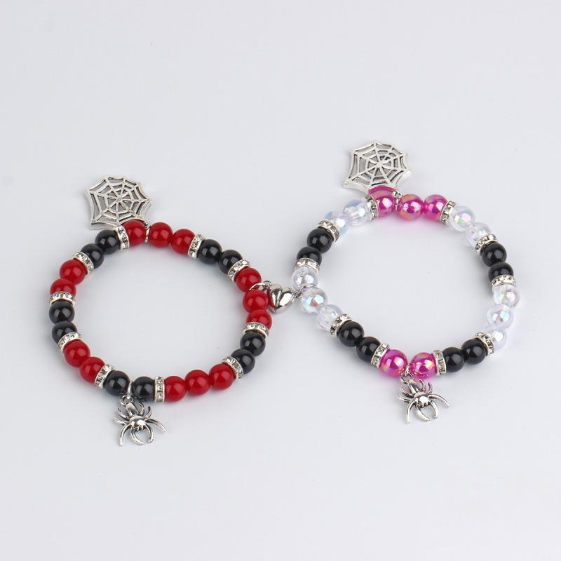 Valentine's Day Heart & Spider Magnetic Bracelet, Elastic Beaded Couple Jewelry