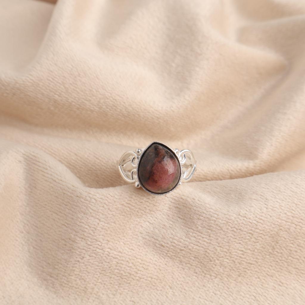 Natural Black Rhodonite Gemstone 925 Sterling Silver Jewelry Partywear Red Ring RR-46-25