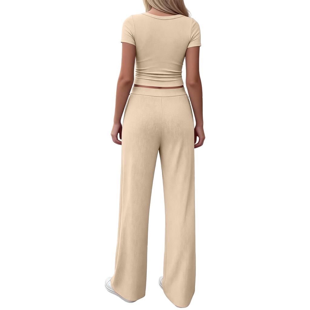 Women's Casual Fashion V-Neck Short-Sleeve Wide-Leg Pantsuit