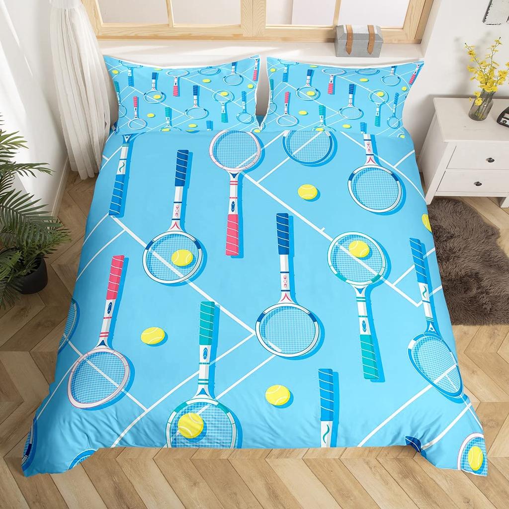 Bettwäsche-Set mit Tennisplatz-Print, Jungen Sportspiele Themen-Bettdeckenbezug, Gelber Tennisschläger Sportgeräte Bettwäsche-Set