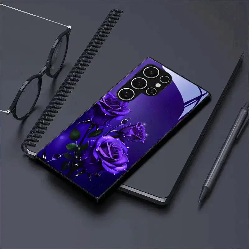 Purple rose pattern black tempered glass phone case suitable for Samsung Galaxy S26 S25 S24 S22 S21 S20 FE/Ultra/Plus anti-fall