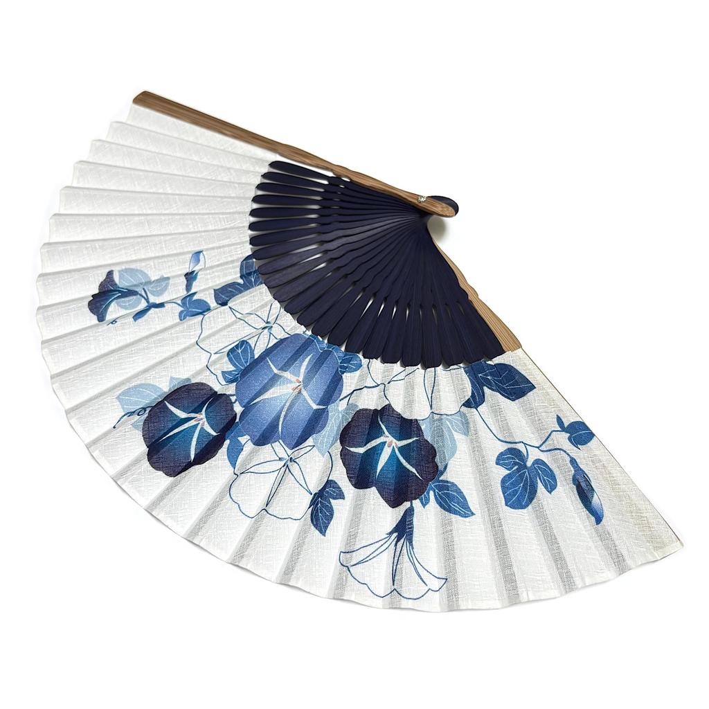 [Hanakanzashi] Women's Folding Fan, Morning Glory Pattern, Indigo Blue, with Fan Case, Cotton Fabric, 21cm