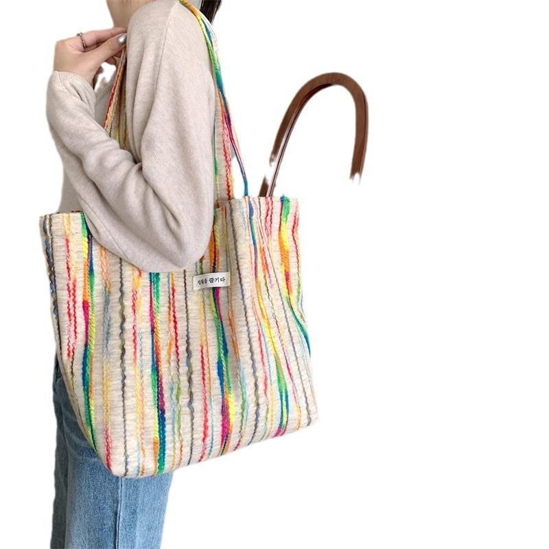 Little White Rabbit, Korean Rainbow Stripe Canvas Bag Heavy Industry Three-dimensional Embroidery Underarm Bag Large Capacity Handbag