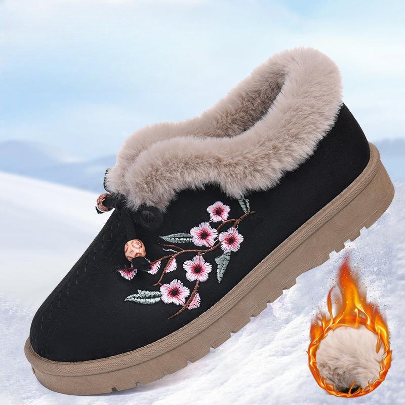 Winter Women's Thickened Warm Casual Shoes Flat Embroidered Cotton Boots