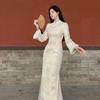 2025 A/W Snow Lotus Chic Qipao Set: Velvet-Lined Long Sleeve Dress
