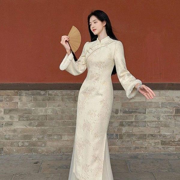 2025 A/W Snow Lotus Chic Qipao Set: Velvet-Lined Long Sleeve Dress